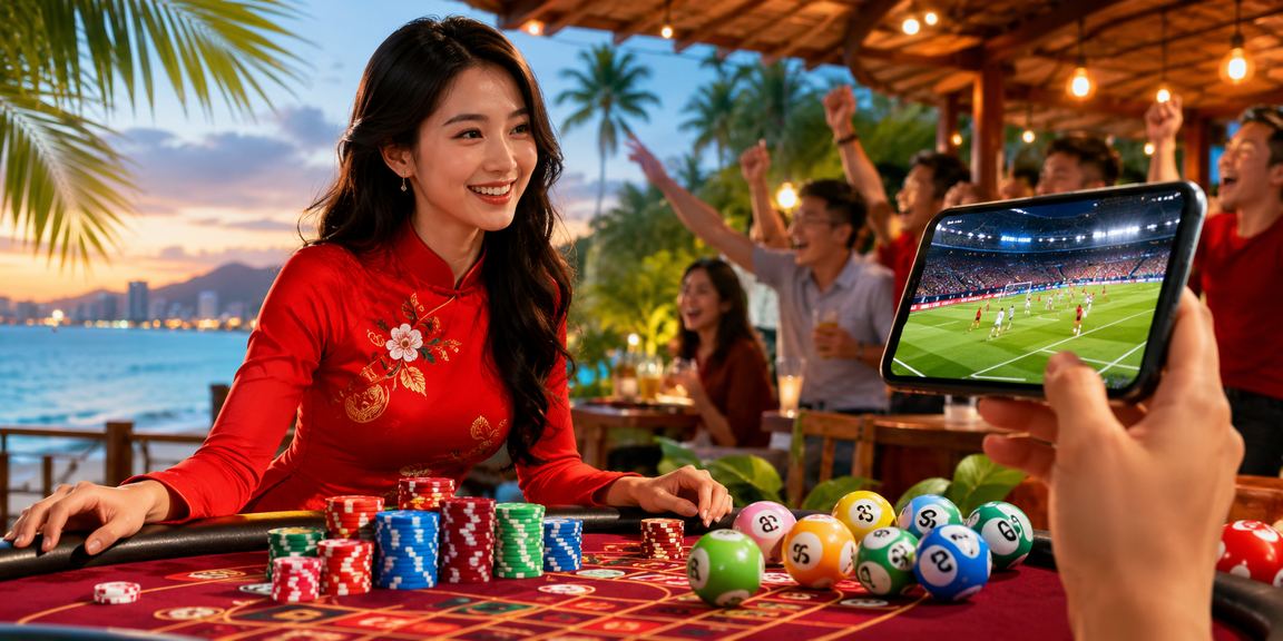 Không gian casino và cược trực tuyến đặc trưng Việt Nam với ánh đèn lung linh và bàn chơi sôi động